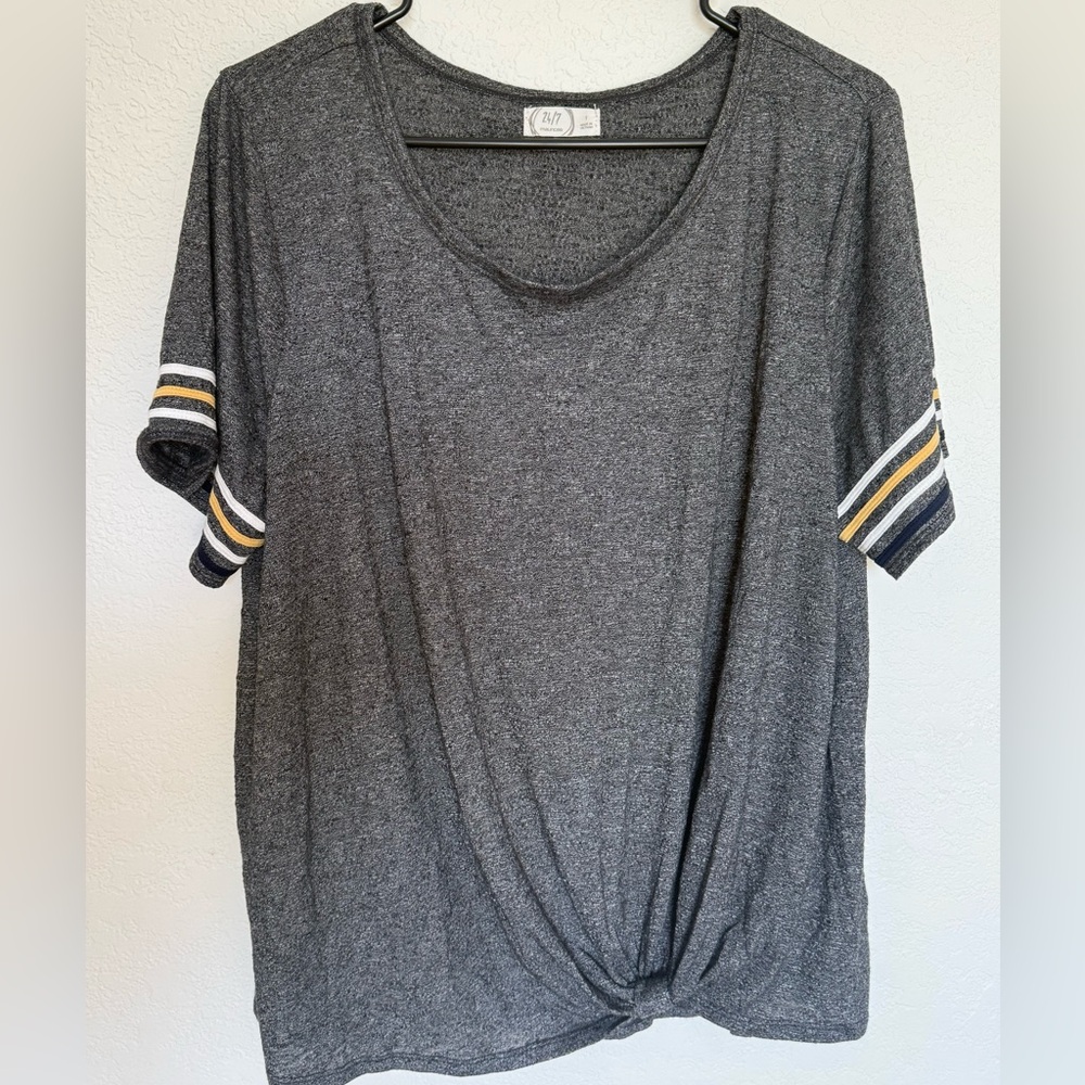 Heather Gray Short Sleeve Women's Top With Striped Accents